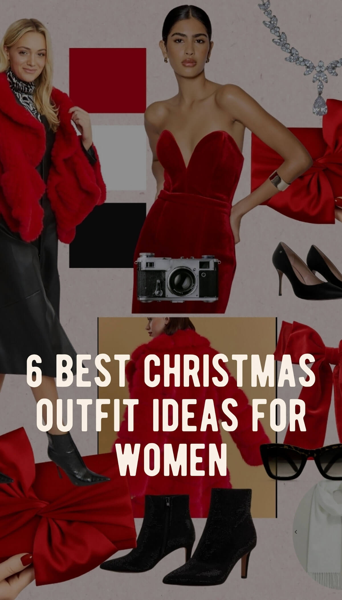 Christmas outfit ideas for women Pinterest graphic featuring a red and black festive mood board with text overlay reading 6 Best Christmas Outfit Ideas for Women, showing a red faux fur jacket, strapless red velvet dress, red satin bow clutches, black leather midi skirt, black pointed ankle boots, and crystal necklace