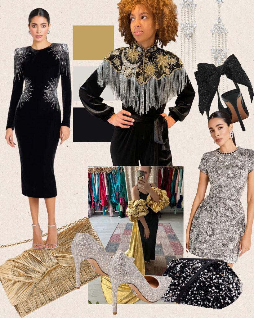 New years eve outfits mood board featuring glamorous black and gold pieces including a black velvet midi dress with crystal starburst embellishment, black jumpsuit with gold embroidered fringe cape, silver sequin mini dress, gold pleated clutch, crystal encrusted heels, black bow slingback pumps, and a sequin evening bag