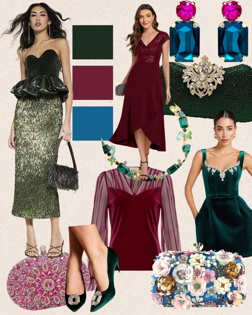 Winter party outfit mood board in rich jewel tones featuring an emerald green corset top with sequin midi skirt, burgundy sequin wrap dress, forest green velvet fit and flare dress, wine velvet gown with sheer sleeves, green beaded clutch with crystal brooch, pink and teal statement earrings, green gemstone necklace, embellished floral clutch, and green velvet block heels