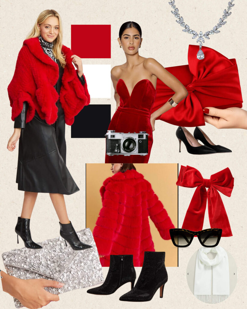 Christmas fashion outfits mood board in bold red and black featuring a red faux fur jacket over a leather midi skirt, strapless red velvet mini dress, oversized red satin bow clutch bags, black pointed heels, sparkly ankle boots, and a crystal leaf necklace