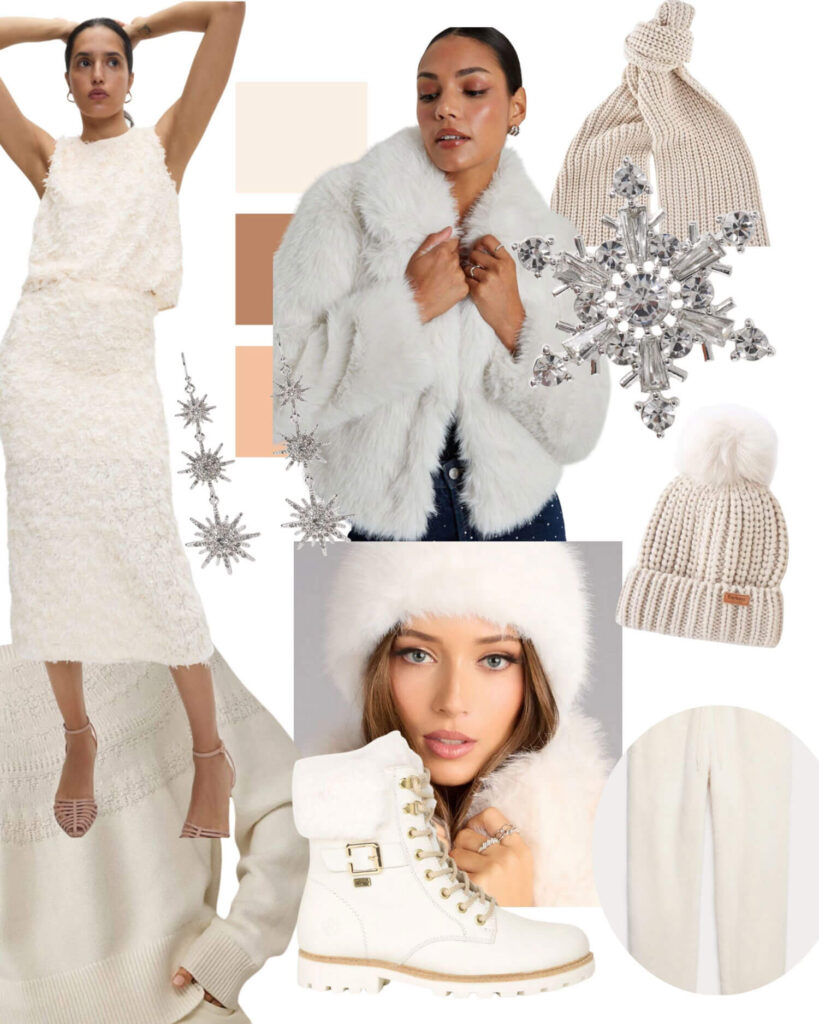 Christmas outfit ideas for women mood board featuring winter white and cream pieces including a textured midi dress, faux fur jacket, cosy knit beanie with pom pom, white lace up boots, snowflake crystal earrings and brooch, and a faux fur headband