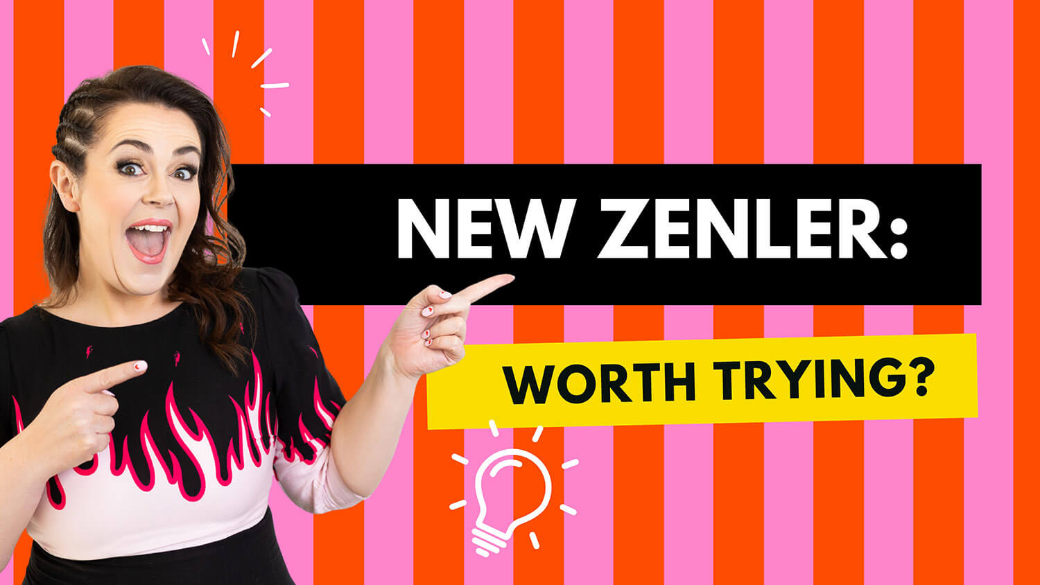 Rosie Parsons, a professional photographer and business blogger, points excitedly at the text with an enthusiastic open-mouthed expression. She wears a black and white t-shirt with a pink and red flame design, has dark wavy hair and white nail polish. The bold graphic background features pink and orange stripes with text reading "New Zenler:" in white on a black box and "Worth Trying?" in black on a yellow banner. A lightbulb icon adds a creative touch. The image introduces a review of New Zenler as a consulting website design and landing page design inspiration option for course creators.