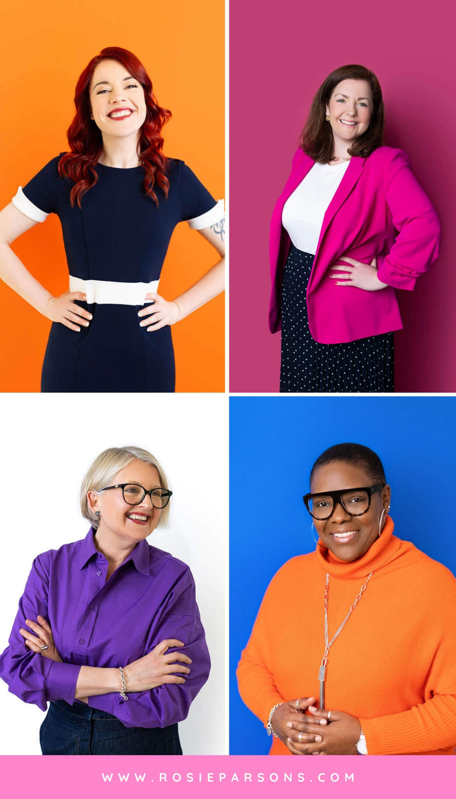 Collage of four women in vibrant, stylish outfits against bold colored backdrops including orange, pink, white, and blue. Each headshot showcases a different look and personality, demonstrating how color and clothing choices can reflect personal brand style in professional photography.