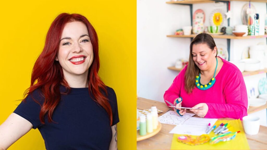Comparison image showing a professional headshot alongside a personal branding photograph of a business owner in a working environment. On the left is a professional headshot against yellow background, on the right is a woman working at desk, showing the difference between branding headshots and lifestyle brand photos.