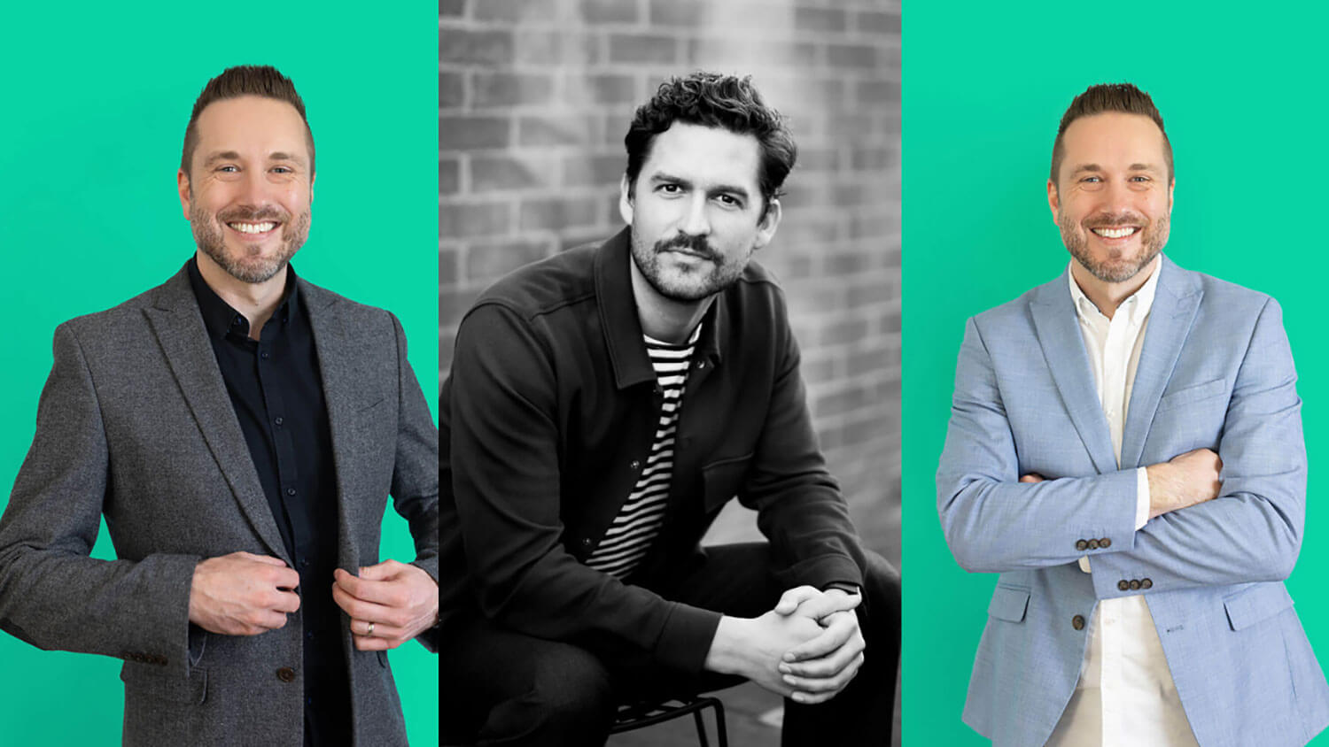 Three professional headshot photos of two men, showing different outfit styles: one in a dark shirt and grey blazer, one in a striped tee and casual jacket, and one in a pale blue blazer with a white shirt. These variations highlight how men’s headshot outfits can be styled for both formal and relaxed professional settings.