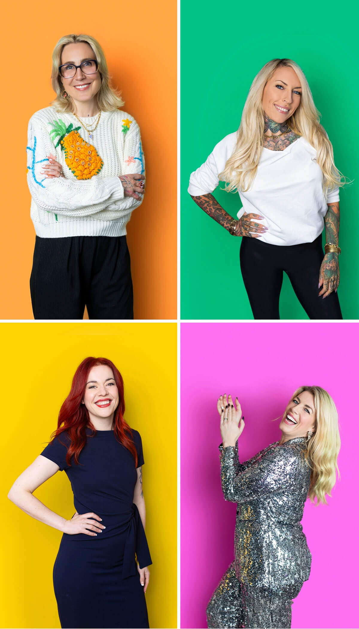 Business portrait photography examples showing four female entrepreneurs with professional headshots on colourful backgrounds by UK personal brand photographer Rosie Parsons