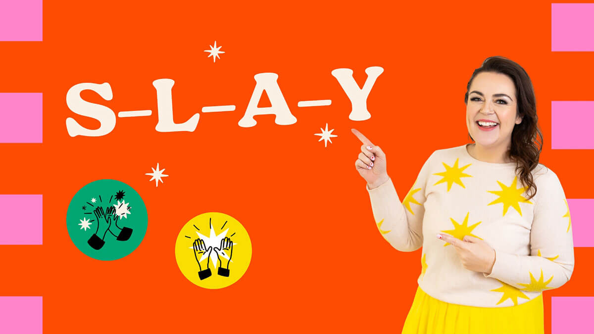 Illustration introducing the SLAY Visibility Method, showing Rosie Parsons pointing to the word “Slay” with graphic icons representing visibility and confidence in personal branding