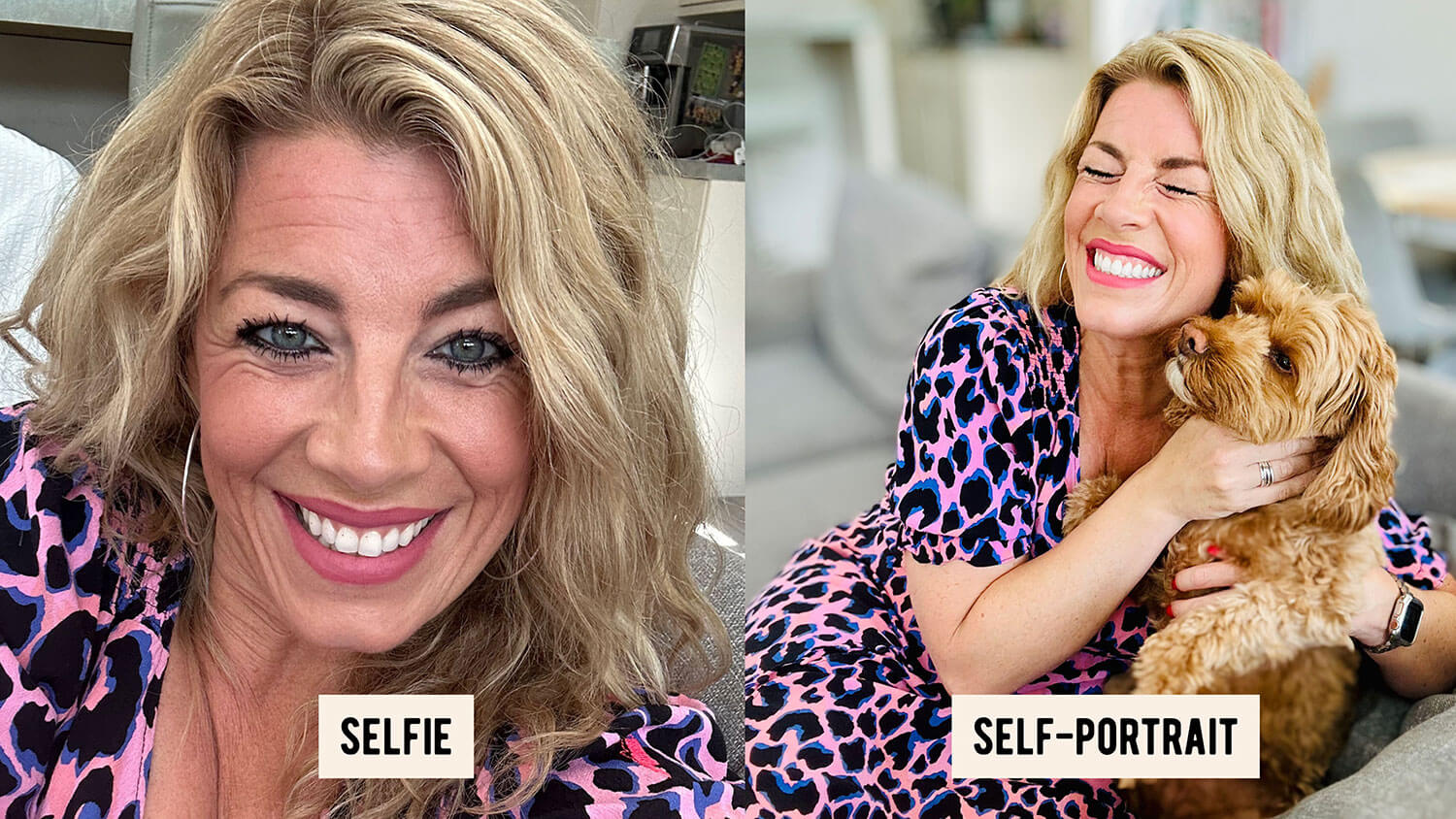 Side-by-side comparison showing a close-up selfie on the left and a relaxed self-portrait on the right. The same woman wears a pink leopard-print dress in both shots; the selfie appears tightly cropped with harsh lighting, while the self-portrait shows her smiling naturally while hugging a fluffy brown dog, illustrating how to take good pictures of yourself with distance, light, and ease.